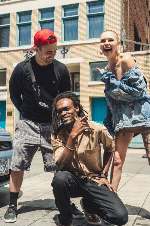 Friends hanging out on a city street
